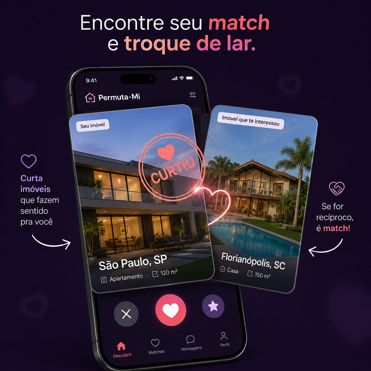Dois imóveis lado a lado com um selo de confirmação e setas de troca entre eles, representando um match de permuta